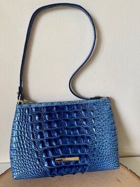 Brahmin Blue Melbourne Croc Embossed Leather Shoulder Bag Purse Gold Tone Logo